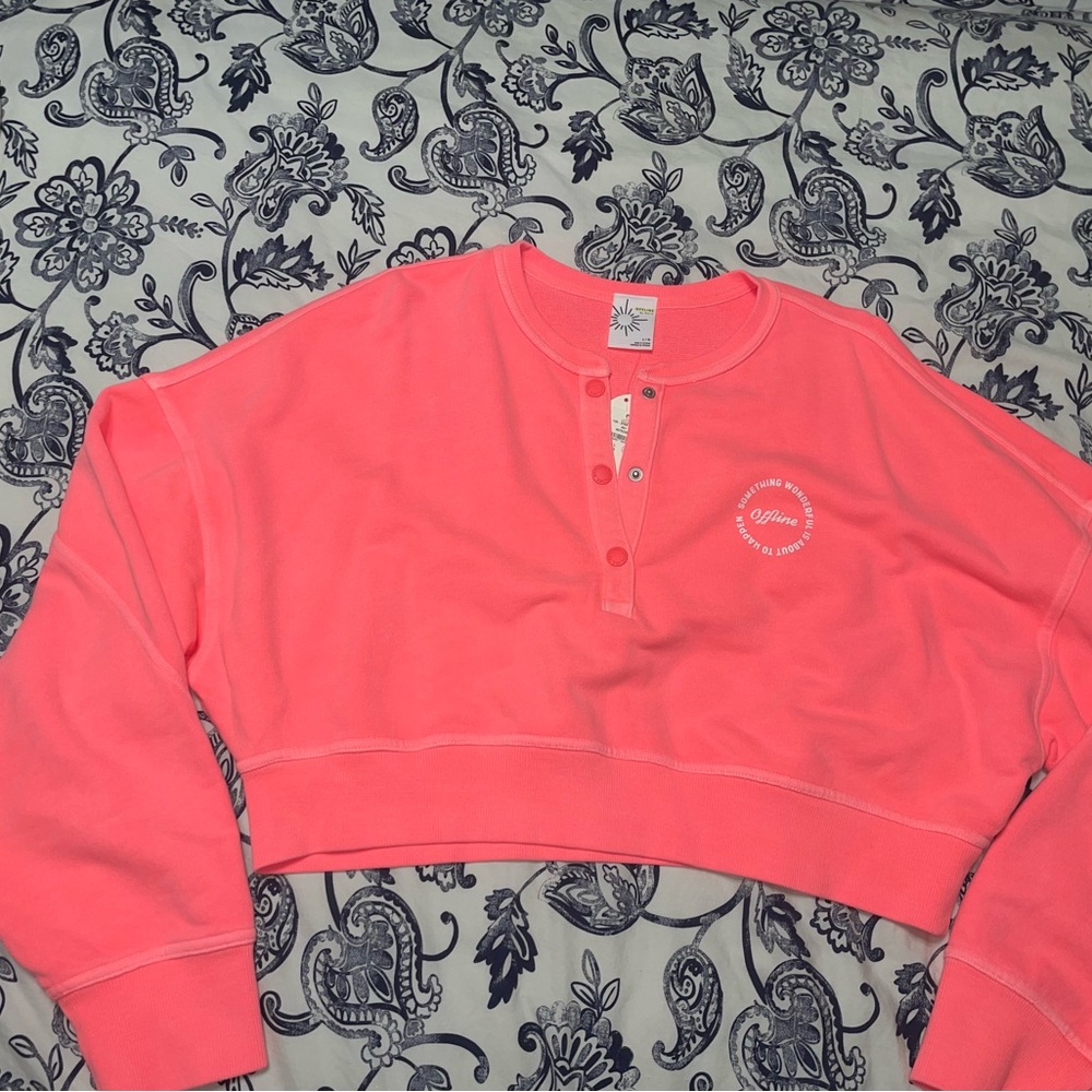 Aerie Pink Cropped Henley Sweatshirt